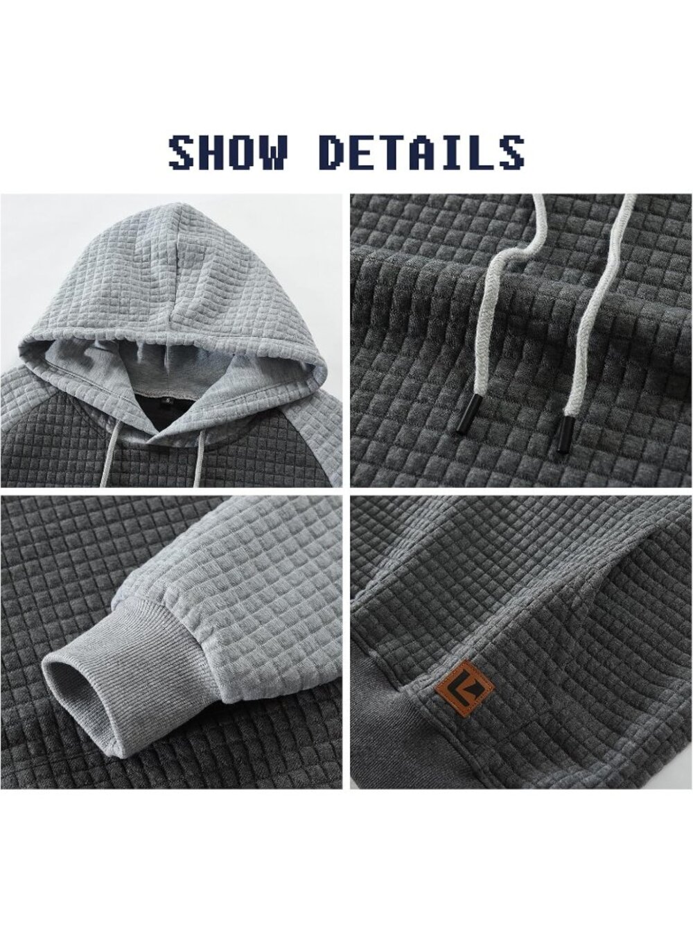 Men Dark Grey Black Pullover Casual Long Sleeve Patchwork Plaid Jacquard Hoodies - Picture 5 of 5